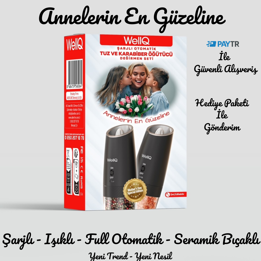 WellQ Şarjlı Işıklı Full Otomatik Tuz Karabiber Değirmen Seti (2Li) Özel Anneler Günü Kutusu ve Hediye Paketi